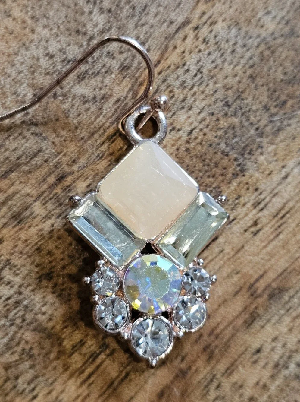 Art Deco Style Dangle Earrings w/ Peach, Clear & Aurora Borealis Rhinestones